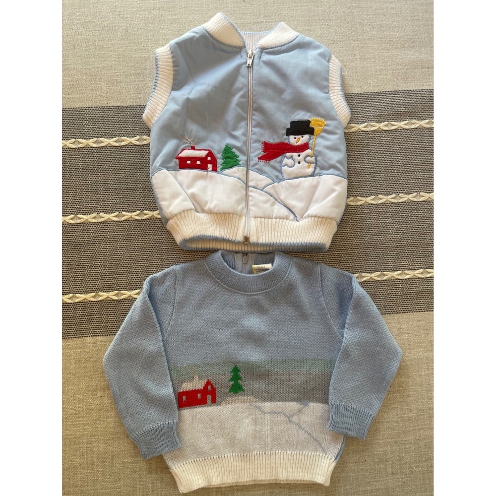 Vintage Baby 12 Months Snowman Winter Sweater and Vest Set Blue 2 Piece Holiday